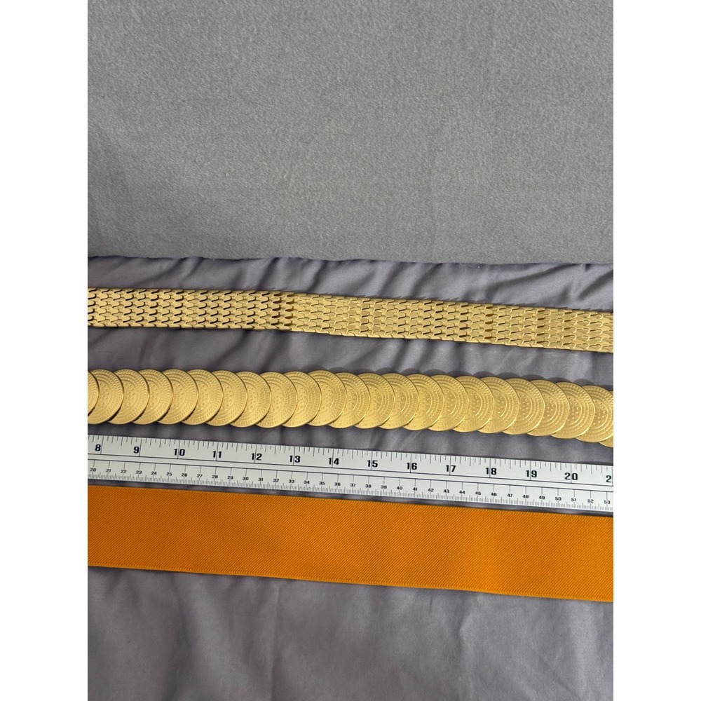 Vintage Gold Tone Metal Coin Scale Link and‎ Mustard Yellow Elastic Belt Set 3pc - Picture 5 of 16